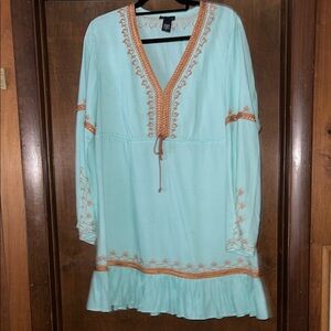 Moda International Turquoise Boho Dress with Brown Embroidery